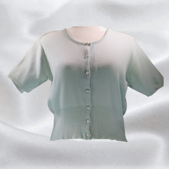 Made in the USA Light Blue Button Up Short Sleeve Sweater in Size Medium - Picture 1 of 5